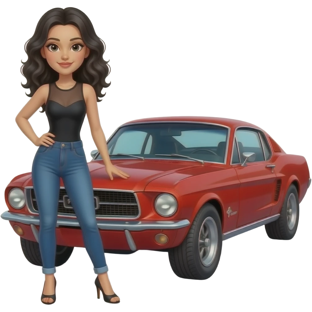 Pale girl with black wavy hair standing on the front left of a red Ford Mustang 1968 coupe. Girl wearing a sheer black sleeveless top with a medium neckline, jeans and heels with visible toes. Left hand on the hood and right hand on her waist and Girl in 3/4 profile position. emoji