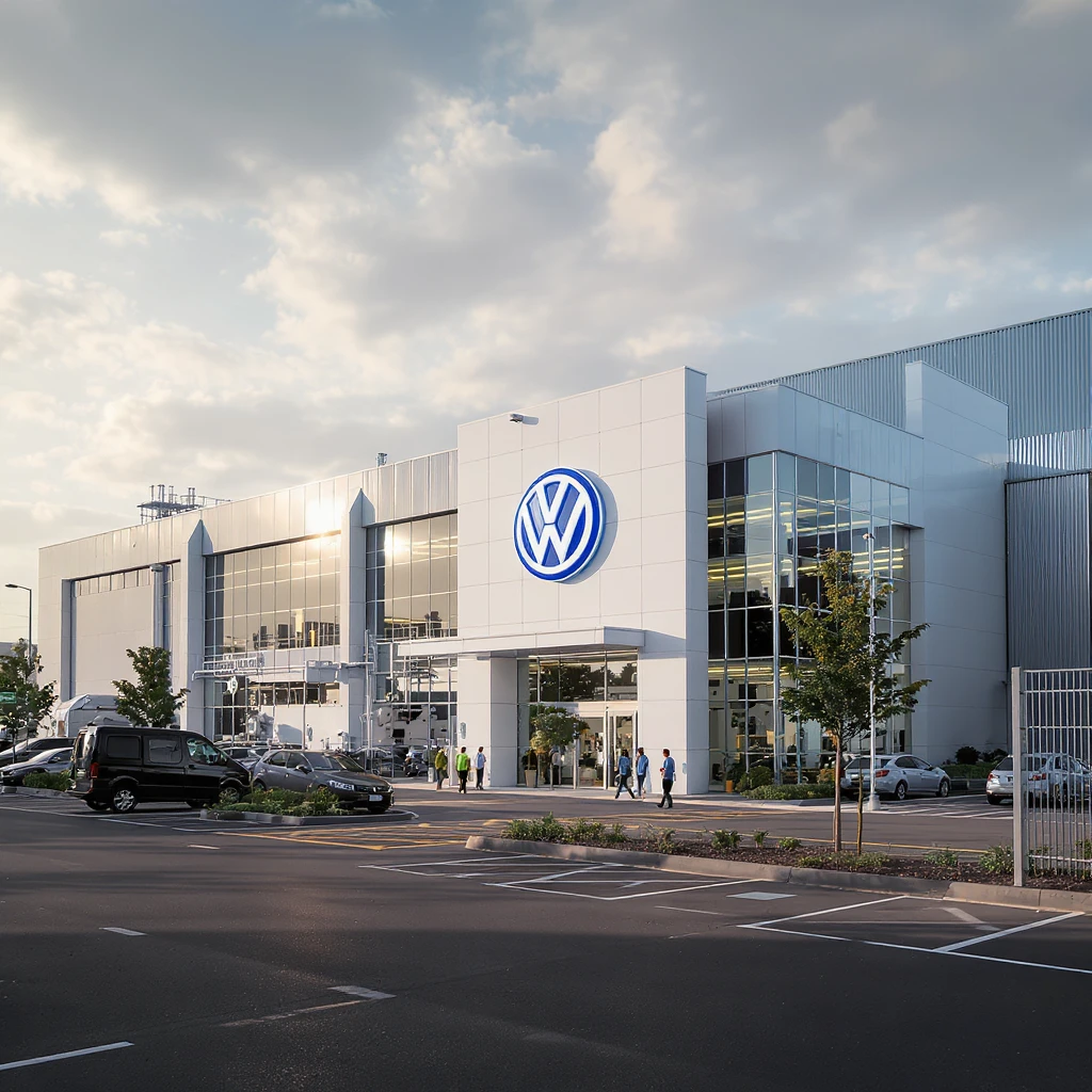 Realistic Volkswagen factory exterior, large industrial building with Volkswagen logo, parking lots filled with cars, factory grounds with machinery and equipment, realistic lighting and shadows, industrial atmosphere, workers in uniforms walking around emoji