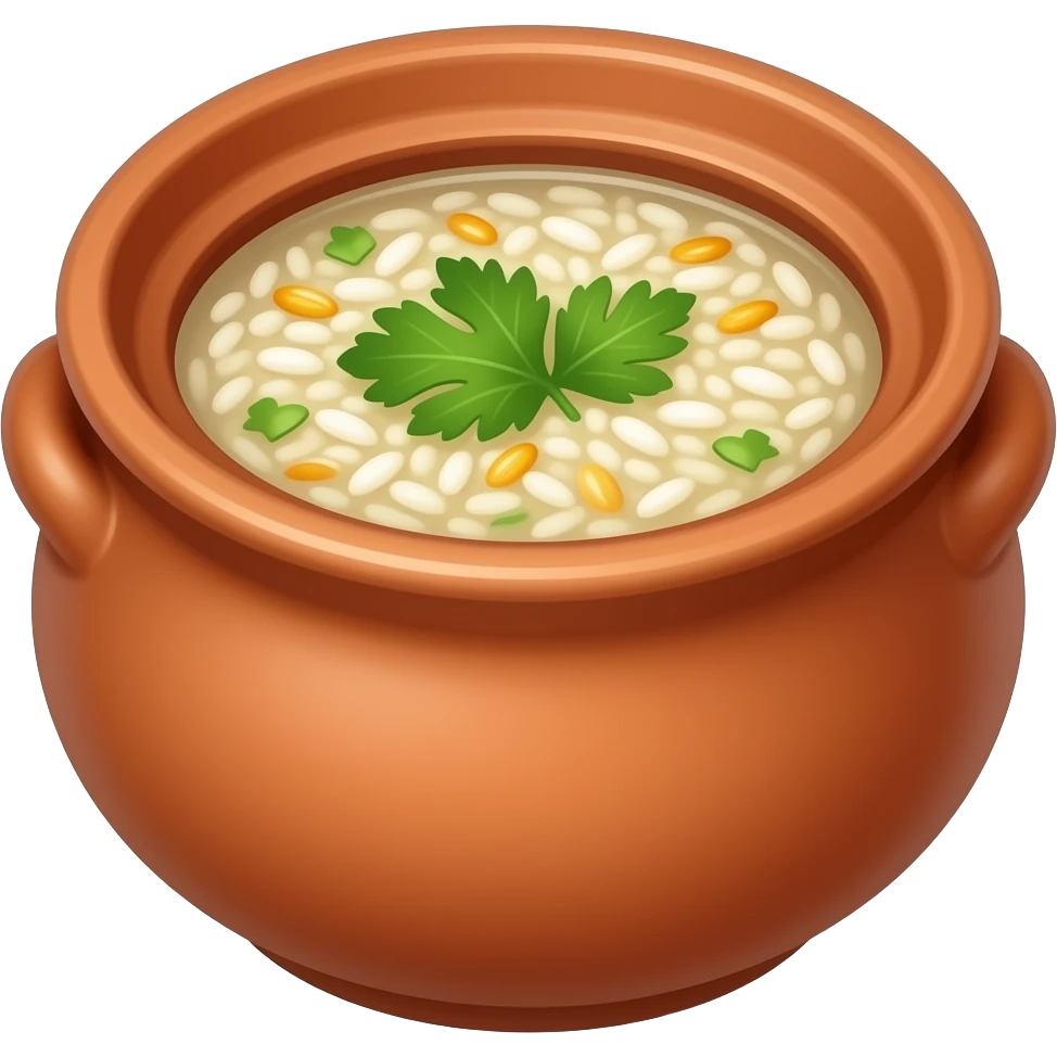 The rice soup is contained in an earthenware pot. emoji