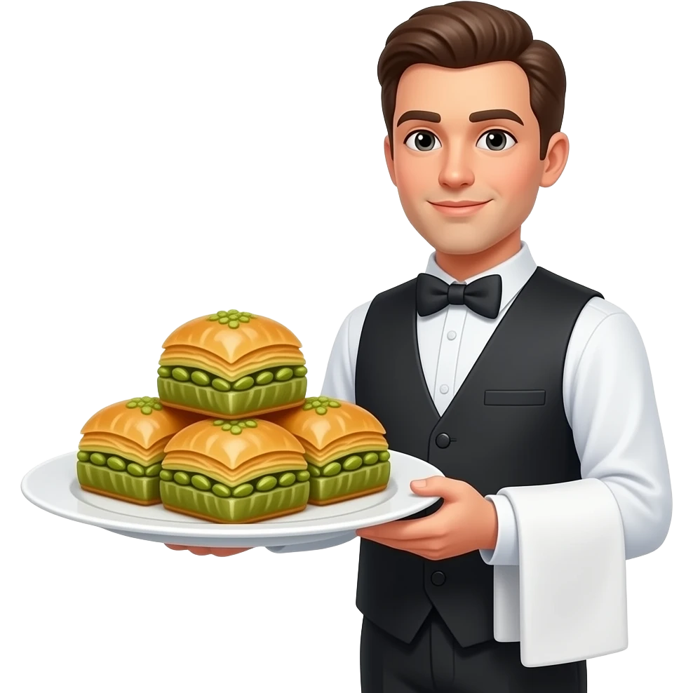 Beyaz sunum tabağına 4 tane fıstıklı baklava koy ama gerçekçi olsun ve garson getirsin sunum yapsın emoji