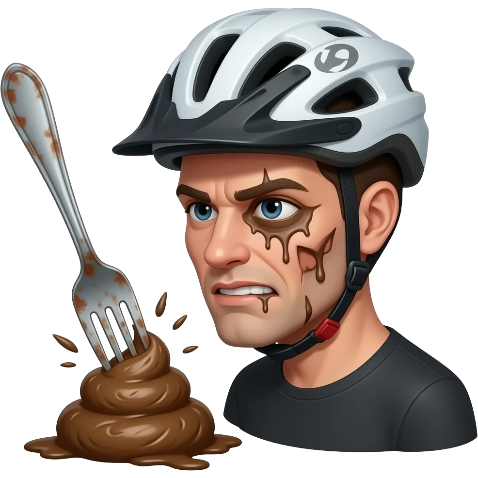 the shits stabber, his face is deformed and melted on the left side and he's wearing a crooked bike helmet, he is stabbing poop with a rusty fork emoji