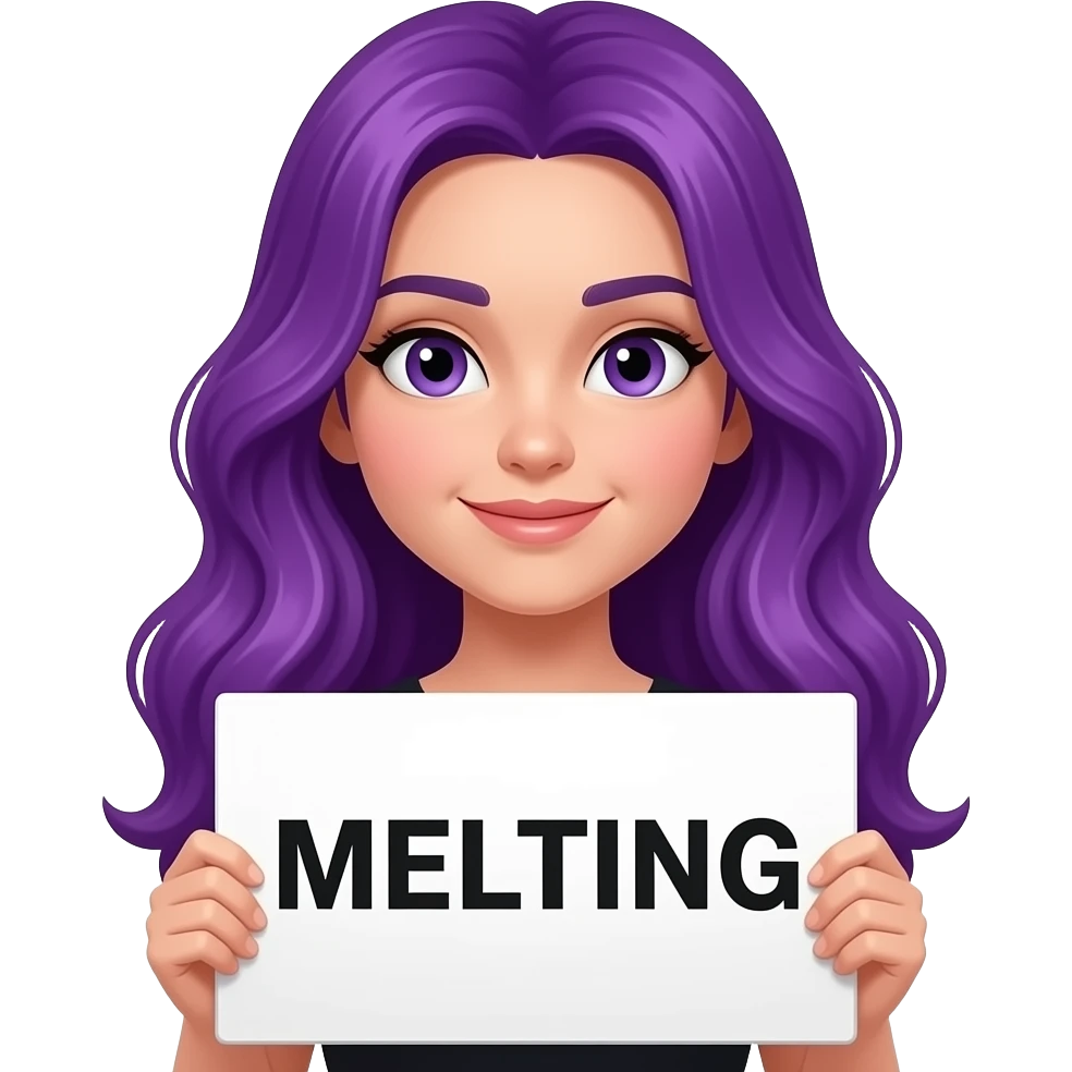 girl with long purple hair holding a MELTING sign emoji
