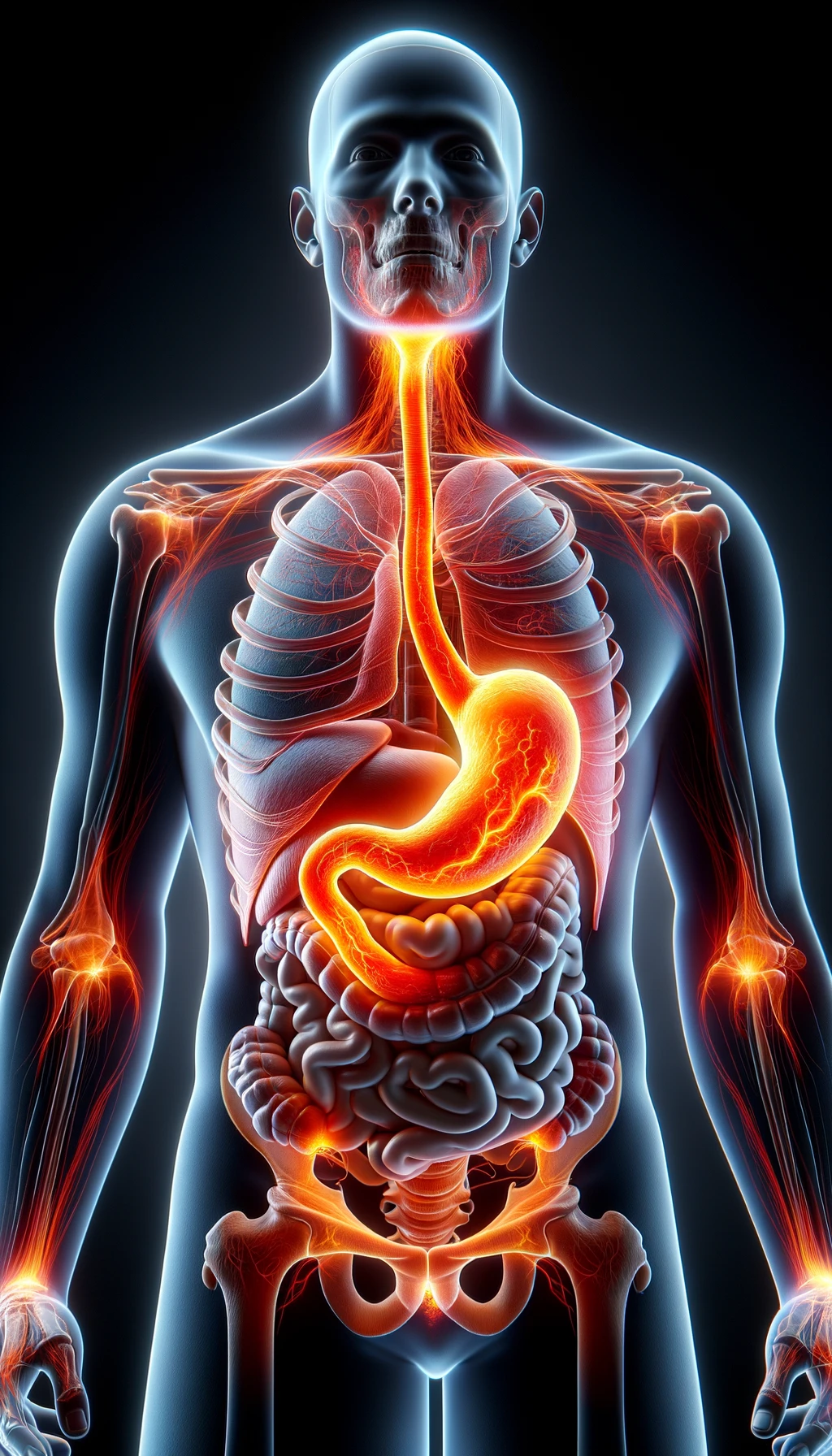 corpo umano anatomico con reflusso e stomaco infiammato, stomaco in evidenza, iperrealistico 4k emoji
