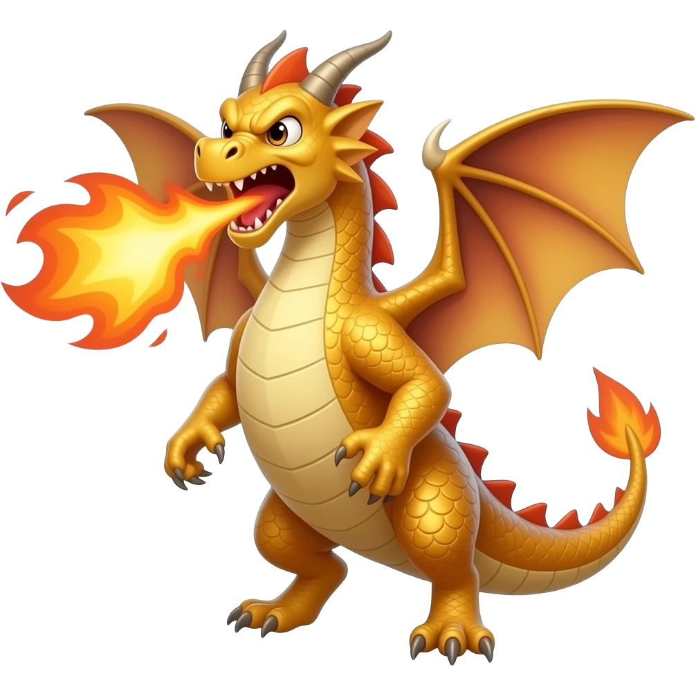 Golden dragon with wings and produce fire in anger condition and full enthusiasm emoji