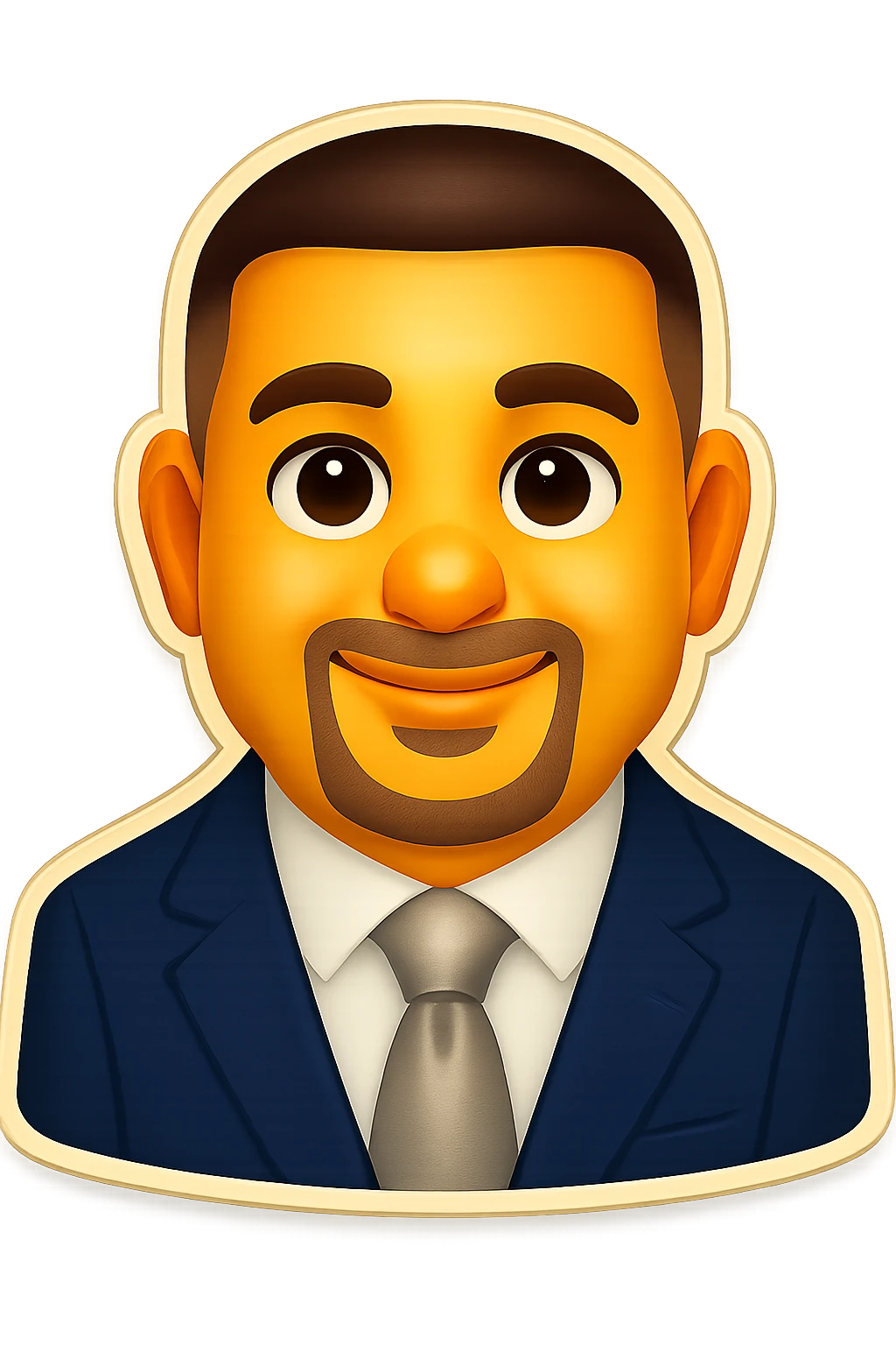 Turn this person into a friendly emoji character with a nice, warm smile. Keep the features recognizable and the style simple and inviting in the retro stickers style. emoji
