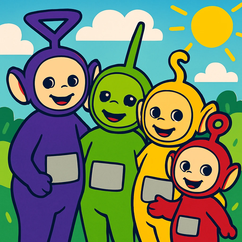 Teletubbies in vibrant cartoon style, each character with their signature color and antenna shape, standing together and smiling emoji