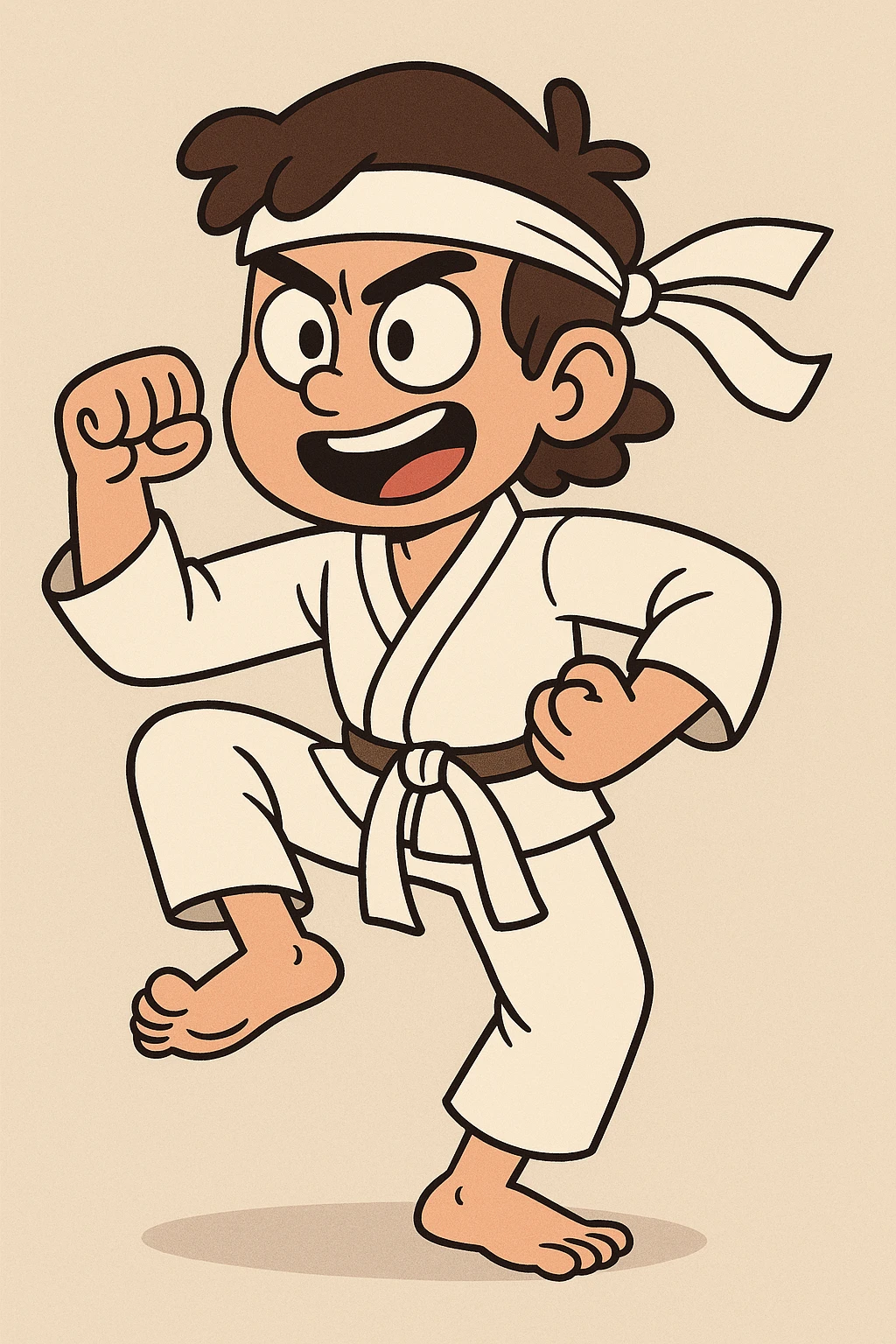 karate kid in a classic martial arts pose, headband, white gi, energetic expression, cartoon style emoji