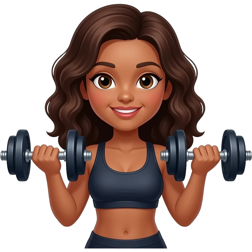 Garota de academia levantando pesos, cabelo castanho escuro, ondulado. Pele negra média. Estilo iphone emoji