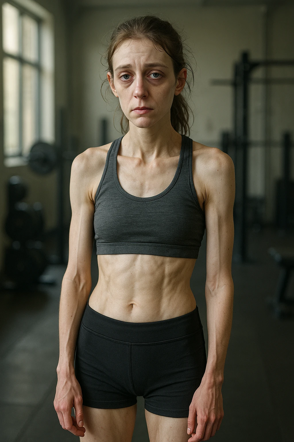3D realistic vertical illustration of a young athletic woman in sportswear standing in a gym. Her body appears lean but slightly fatigued, with visible muscle loss and a tired expression. Subtle details like dark circles under her eyes, pale skin, and a slouched posture suggest underfueling. The lighting is soft and natural, with gym equipment blurred in the background. emoji