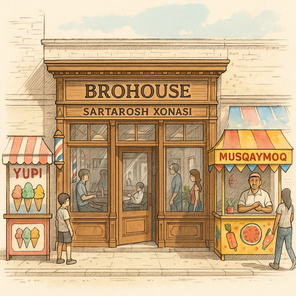 brohouse sartarosh xonasini chizib ber tashqaridan va uning yonida yupi va musqaymoq sotadigan lavkalar bulsin emoji