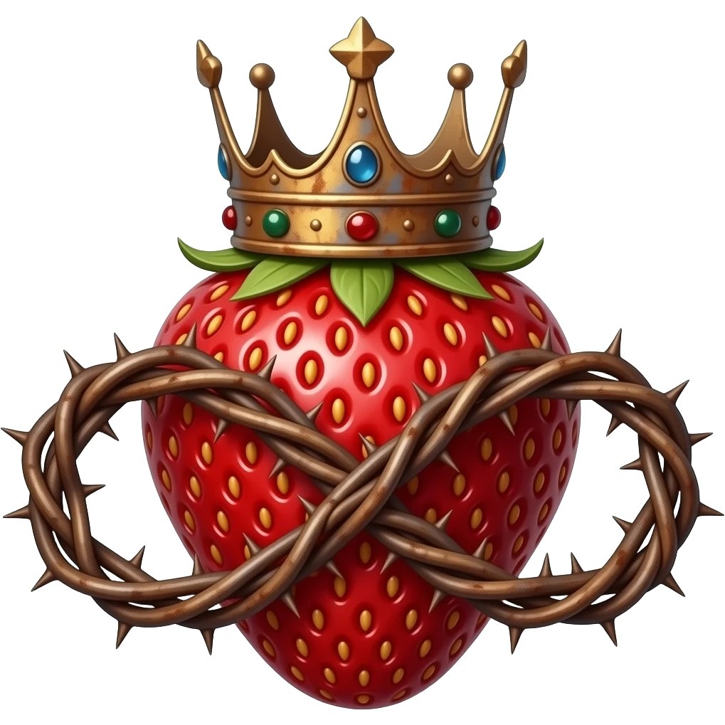 a rusty strawberry with a rusty, richly decorated royal crown on top. A crown of thorns is wrapped around the strawberry's body and is spinning around its body in the form of an infinity sign emoji