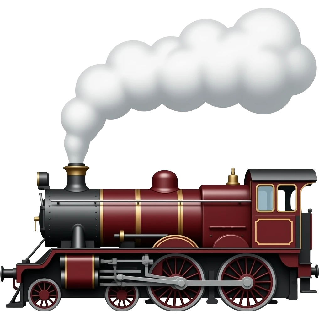 side view of a maroon steam train, classic emoji style, free-standing emoji