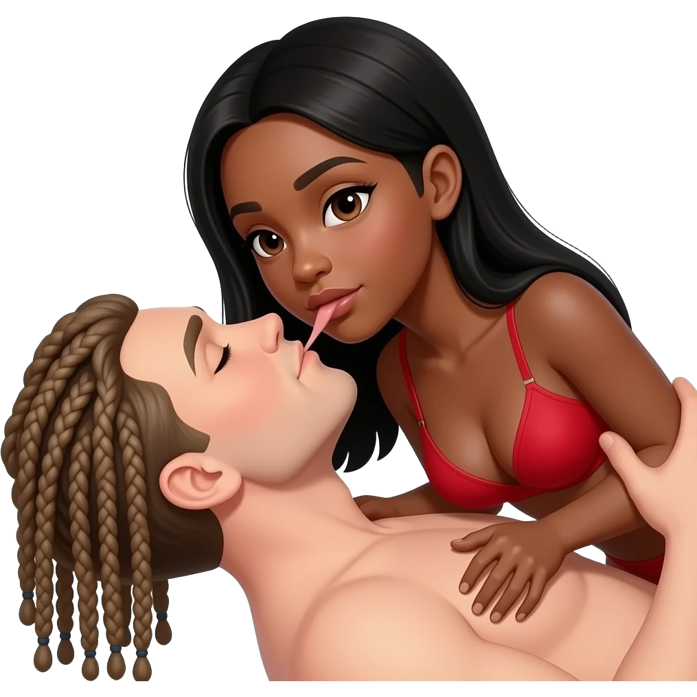 Lightskin black woman with brown eyes & long black straight hair wearing only a sexy red bra bent over getting fucked by a white man braids that come down to neck emoji
