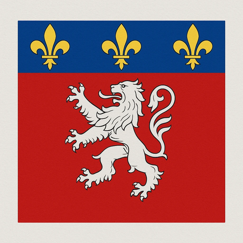 square flag of the city of Lyon, France, with traditional coat of arms: red background, silver rampant lion, chief azure strewn with golden fleurs-de-lis emoji