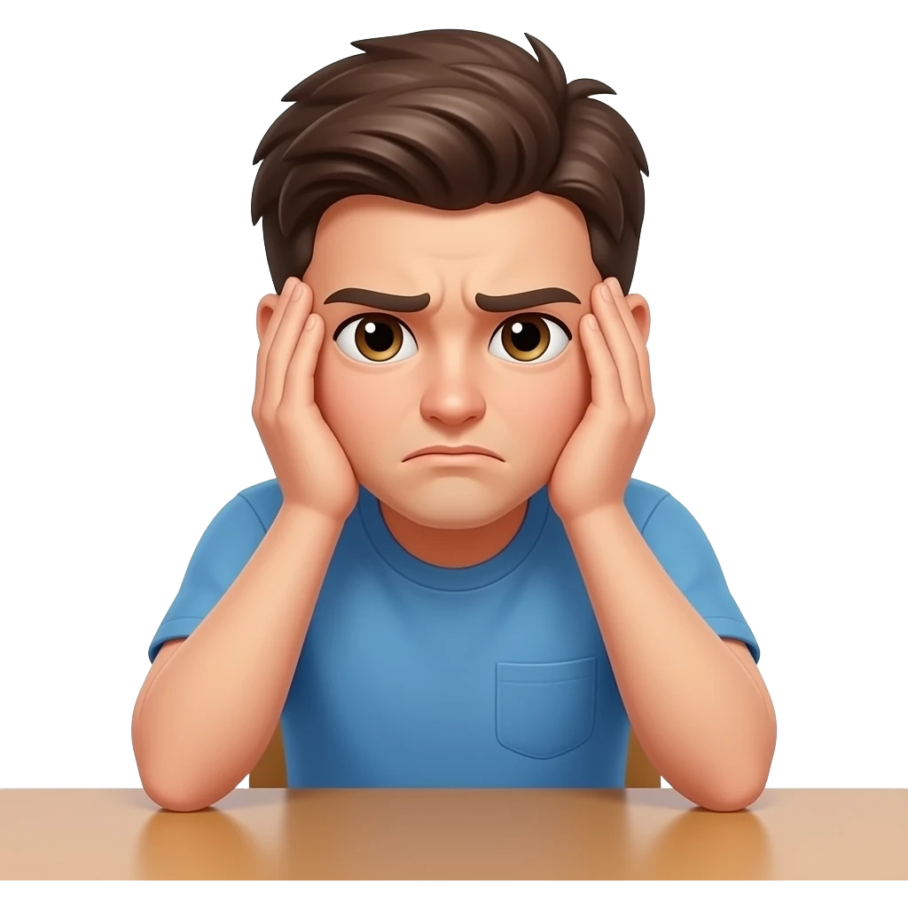 annyoyed young person sitting on a table, head in the hands emoji