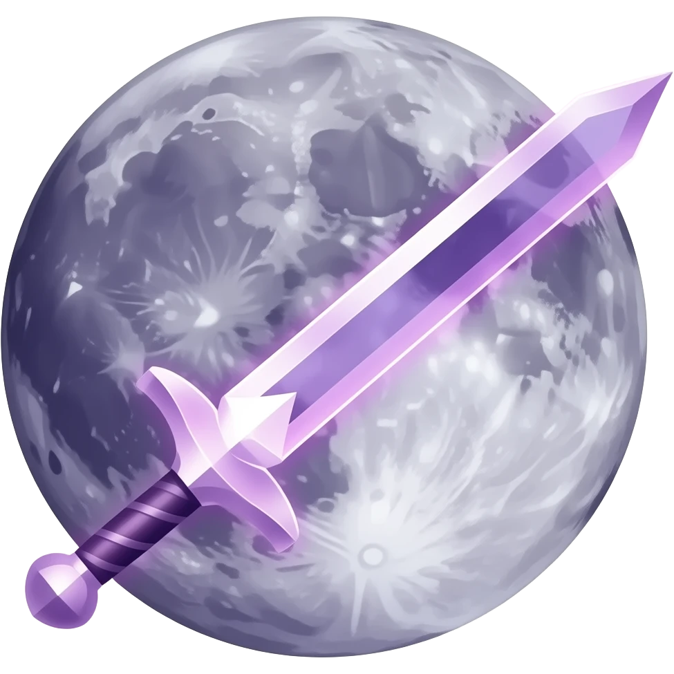 transparent dark purple detailed crescent moon with an elegant detailed glowing transparent sword, emoji style. The sword is positioned so that the blade points away from the moon and the hilt faces toward the moon (blade facing outward, not toward the moon). Soft violet and pink glow emoji