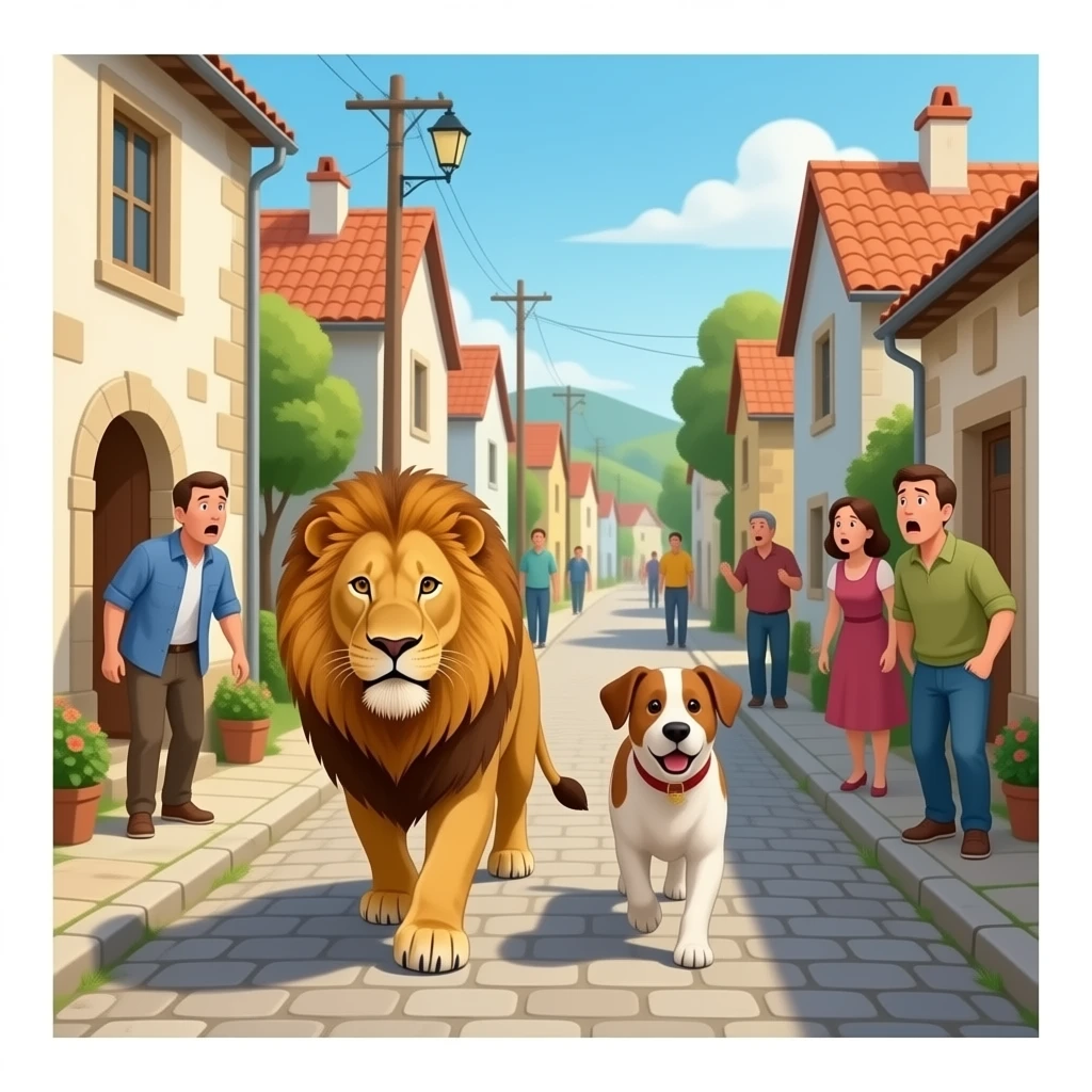 quiero que en un pequeño los habitantes tengan que aprender a vivir con un leon y un perro por si un dia volvian pero que  tengan miedo y que sea realista y que el leon y el perrro se esten marchando emoji
