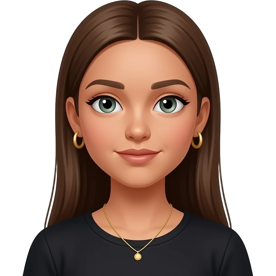 17 year old girl with straight long  brown hair, green-grey eyes, tan skin, gold hoop earrings, dainty gold necklace, wearing a black top emoji