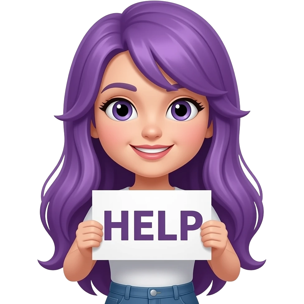 sexy girl with long purple hair holding a HELP sign emoji