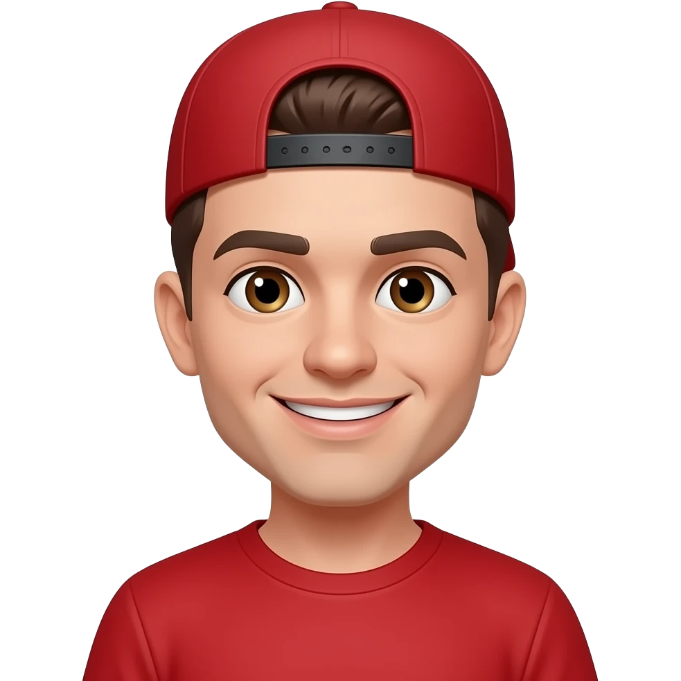buzz cut brunette guy with hazel eyes and smile with a side dimple, red shirt and cap to the back emoji