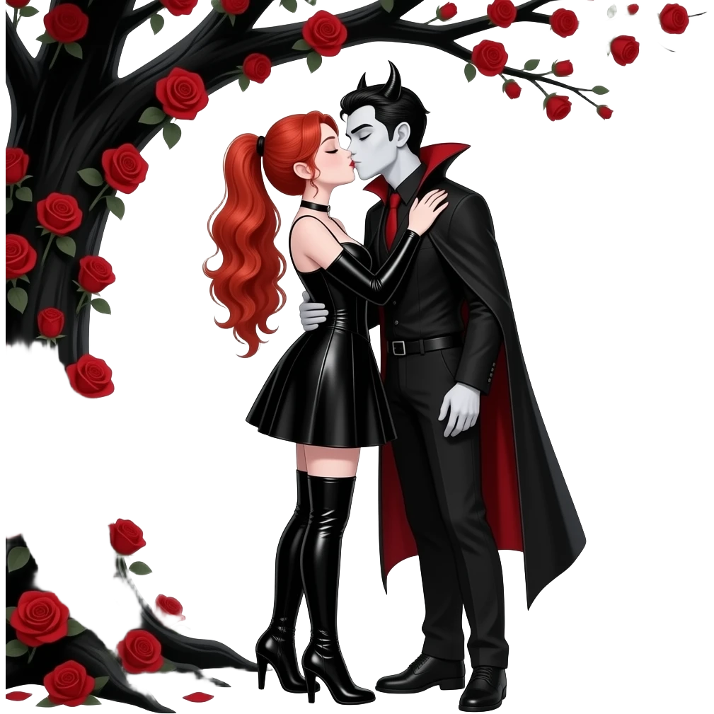 Vampiro femmina adolescente con pelle bianca e capelli rosso ondulati lunghi raccolti in una mezza coda che indossa un vestito stretto in vita con maniche lunghe nero e stivali lunghi con tacco neri che sta baciando il suo ragazzo VAMPIRO sotto un albero nero con rose rosseil suo ragazzo VAMPIRO emoji