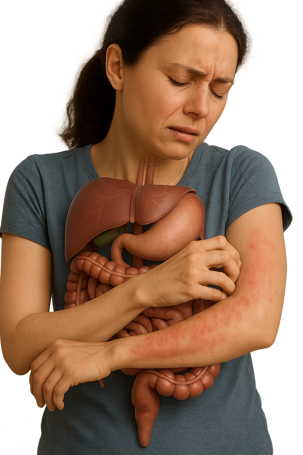 donna con intestino umano anatomico realistico che si gratta il braccio su cui ha un'eritema, iperrealistica 4k emoji