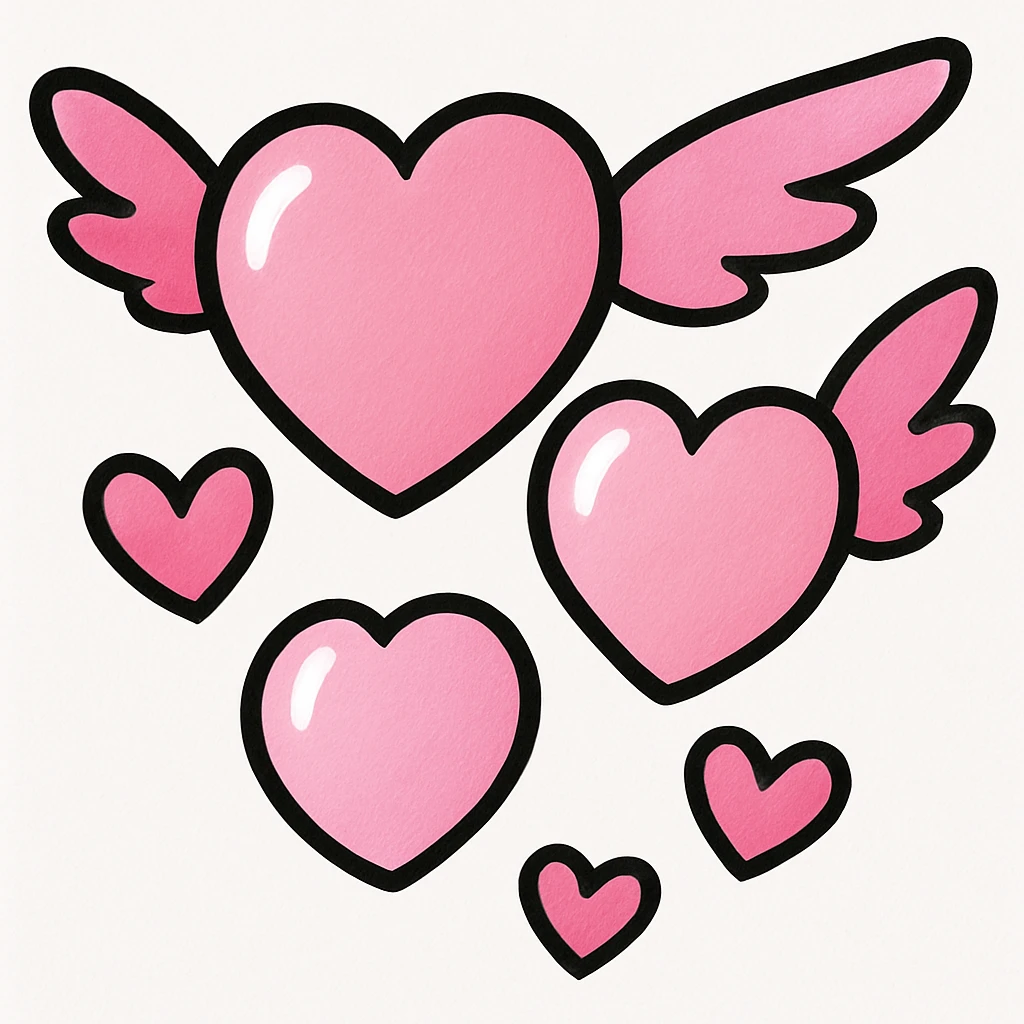 Replace the bubble shapes in the image with heart shapes arranged in the same flying pattern. Use lighter pink shades for some hearts while keeping the main color #fcb6d8. Maintain three mini hearts and preserve the soft, airy look of the original image. emoji