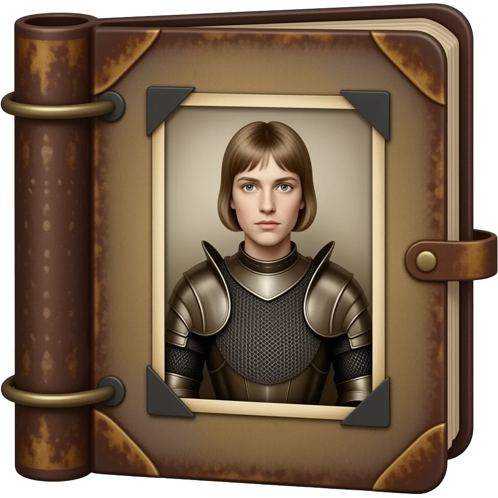 rusty photo album with vintage dramatic Joan of Arc daguerréotypie photos emoji