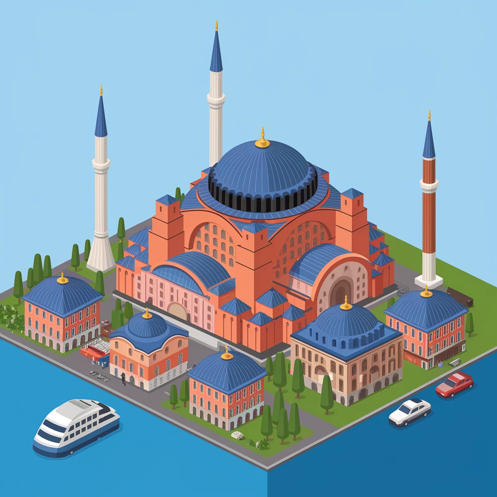 Isometric illustration of Istanbul, featuring photorealistic Hagia Sophia emoji