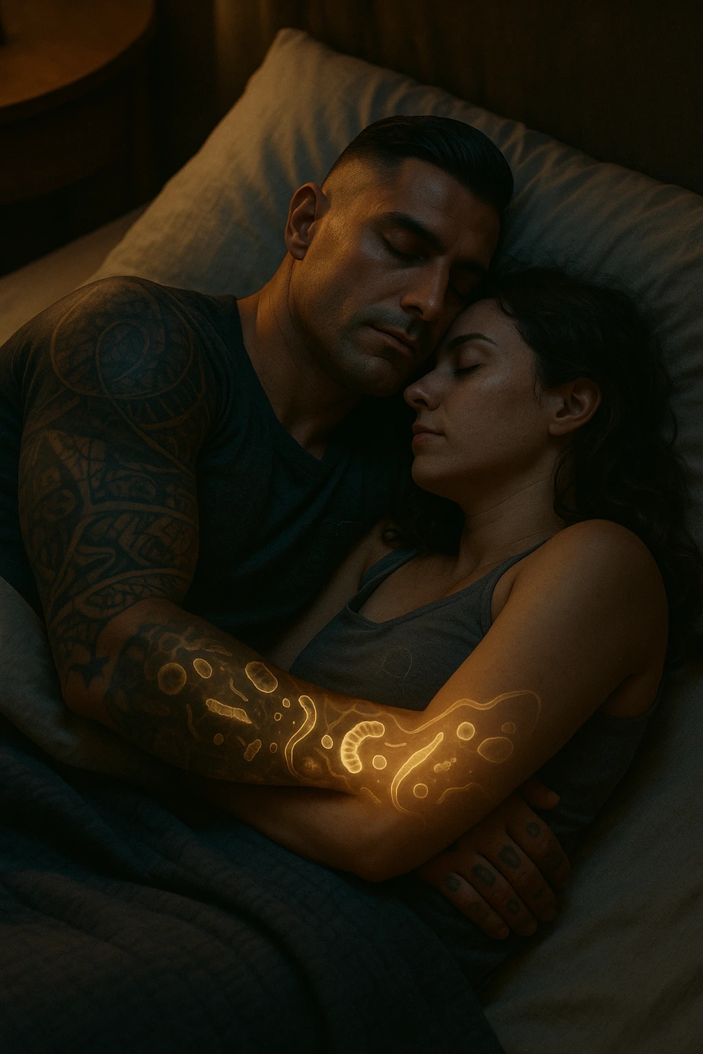 A hyper-realistic, cinematic image of a man and a woman sleeping together in the same bed under soft, dim night lighting, with their bodies close and touching. Their skin appears slightly illuminated where it touches, and under a subtle x-ray style overlay, faint ghostly silhouettes of microscopic parasites and worm-like organisms are visible crawling transdermally between their bodies, symbolizing silent, unnoticed parasite transmission during sleep. The environment is a cozy bedroom with warm tones, but the presence of the glowing parasites creates a slightly unsettling feeling, emphasizing the hidden danger. Their faces are calm, unaware, symbolizing the unconscious nature of the transmission. The image is detailed with a 35mm film hyperrealistic aesthetic, focusing sharply on the point of contact between their skin where the parasites pass, while the background remains softly blurred. The color palette uses muted warm browns and soft moonlight blues to maintain a nighttime, intimate feeling, contrasting with the translucent, glowing parasites to illustrate the hidden risk of transdermal parasite transmission while sharing a bed emoji