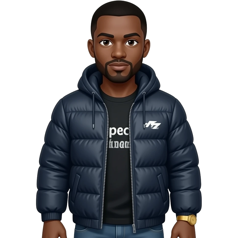 Black guy named Stackpack puffy jacket that says gender warz on it. Gold watch emoji