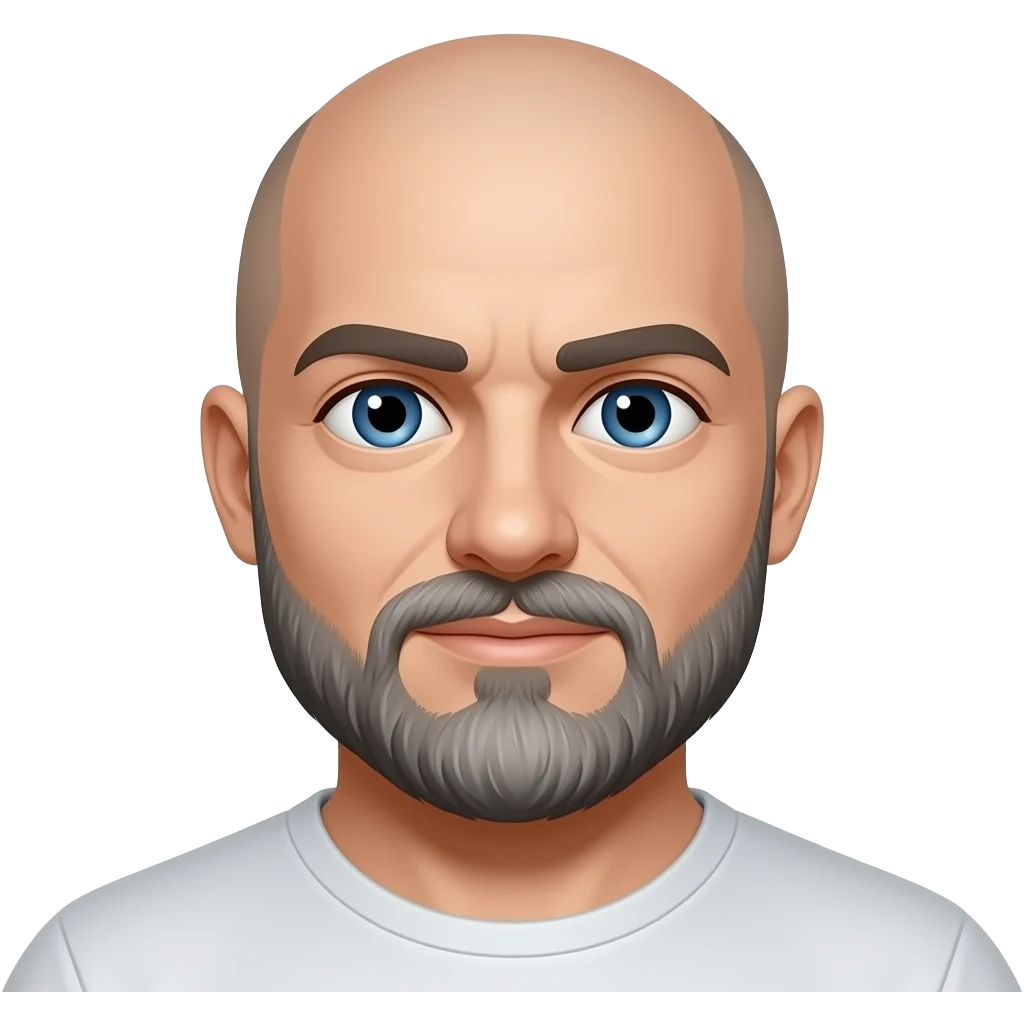 more grey in the beard. blue eyes. bald head. no hair on head. more grey in beard on chin emoji