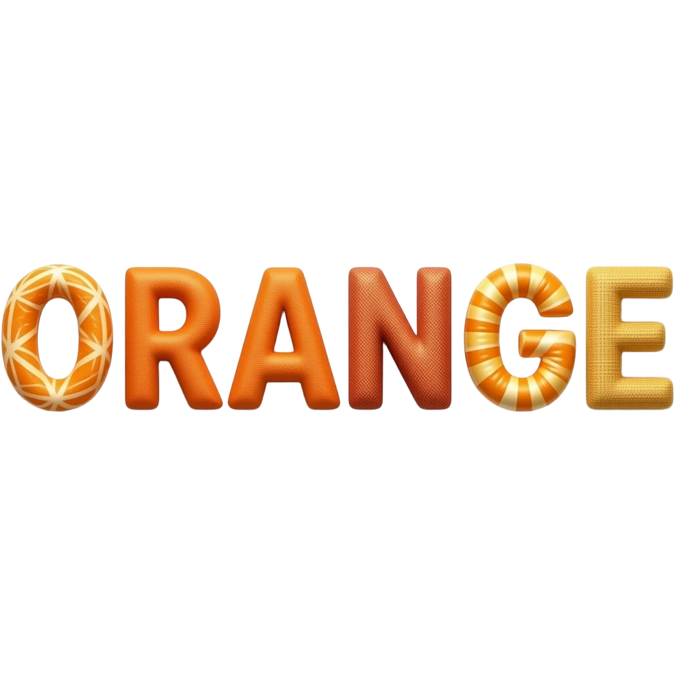 3D letters of the word ORANGE in the style of the fashion material and texture. just on one row. Needs to look like real fashion fabric. emoji