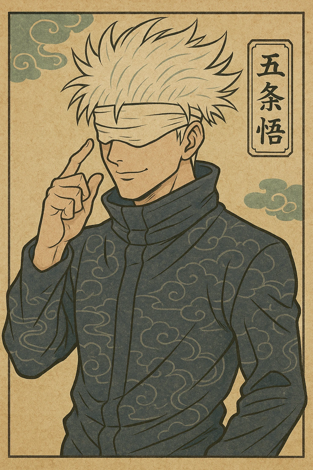 Gojo Satoru from Jujutsu Kaisen, anime style, white hair, blindfold, confident expression emoji