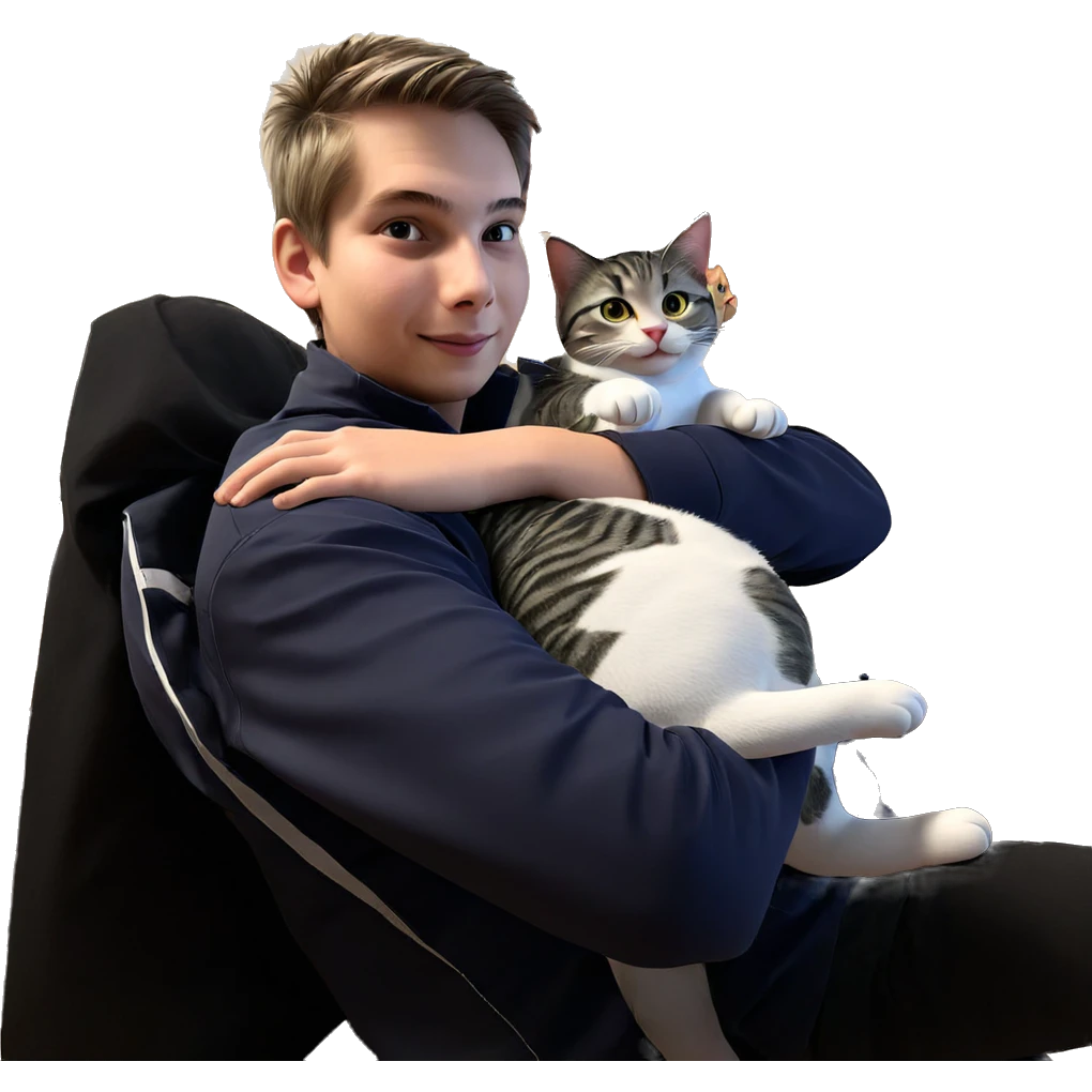 boy with cat and heart emoji