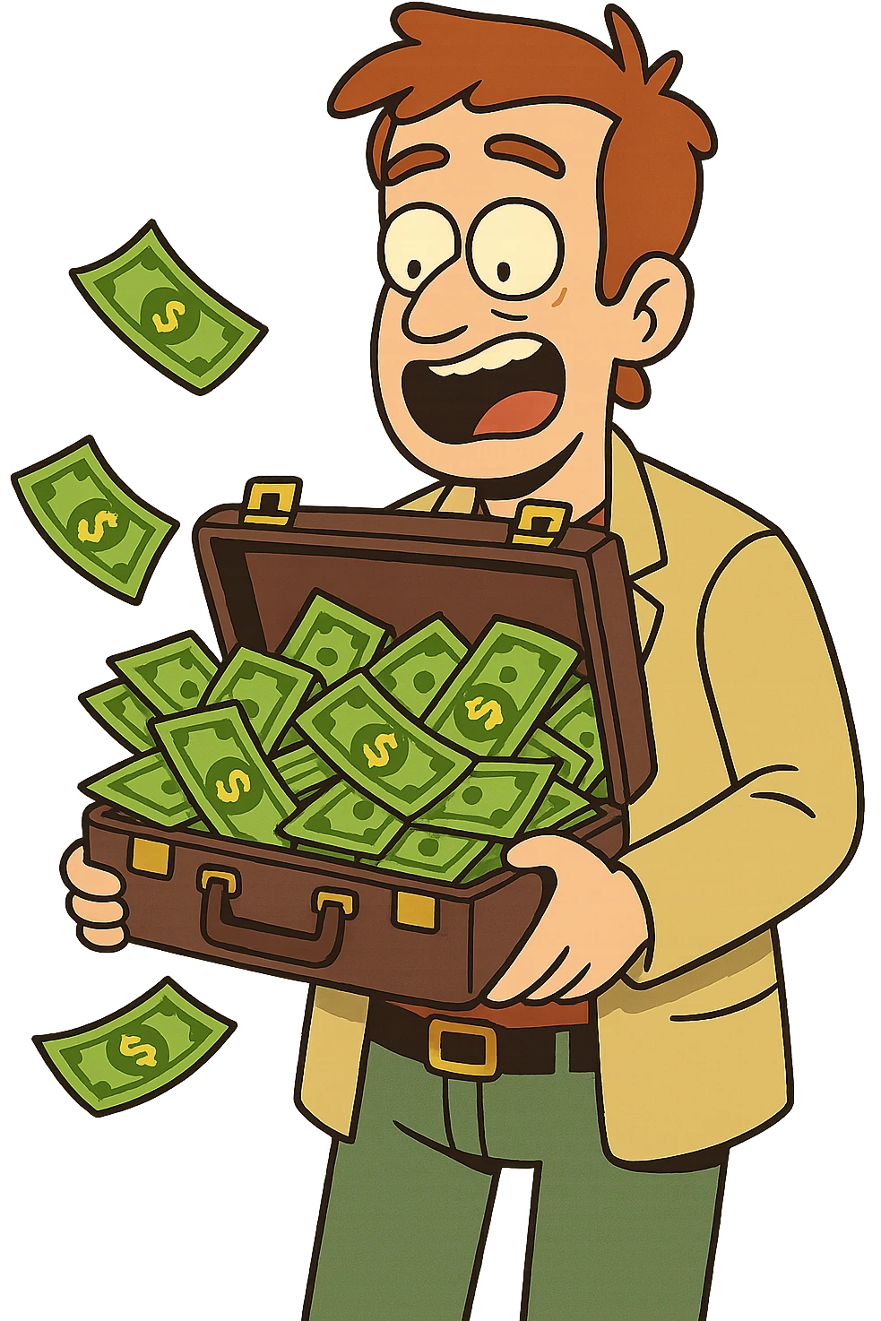 briefcase overflowing with cash, flat modern style, bright saturated colors with greens, golds, reds, minimal but expressive, universal look emoji