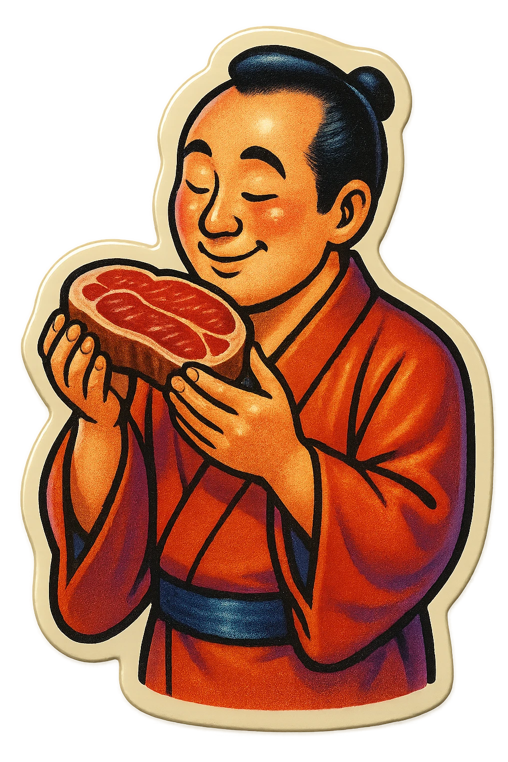 A Japanese man in traditional kimono with a loving look holds a steak in his hands, preparing to eat it emoji