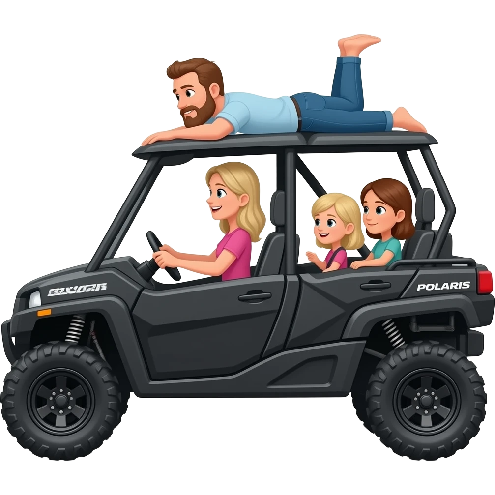 Side view Black 4 door sxs Polaris ranger atv  dad with beard laying on top being silly and blonde long hair mom driving and two kids (girls younger is blonde older is brown) in back emoji