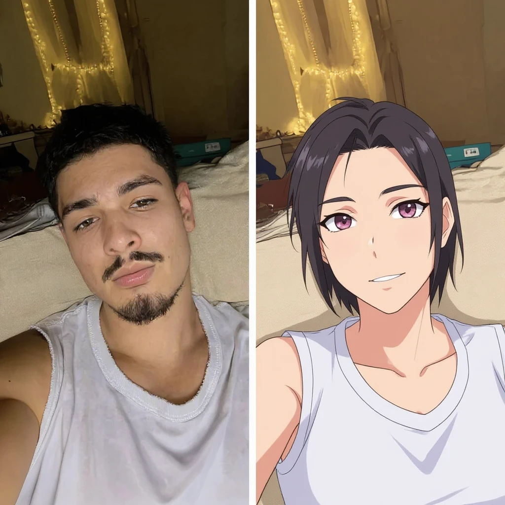 create before after image of a girl before is realsitic photo, after is anime version of her in same pose and clothes, add logo with text of a "FLUX Kontext Pro" emoji