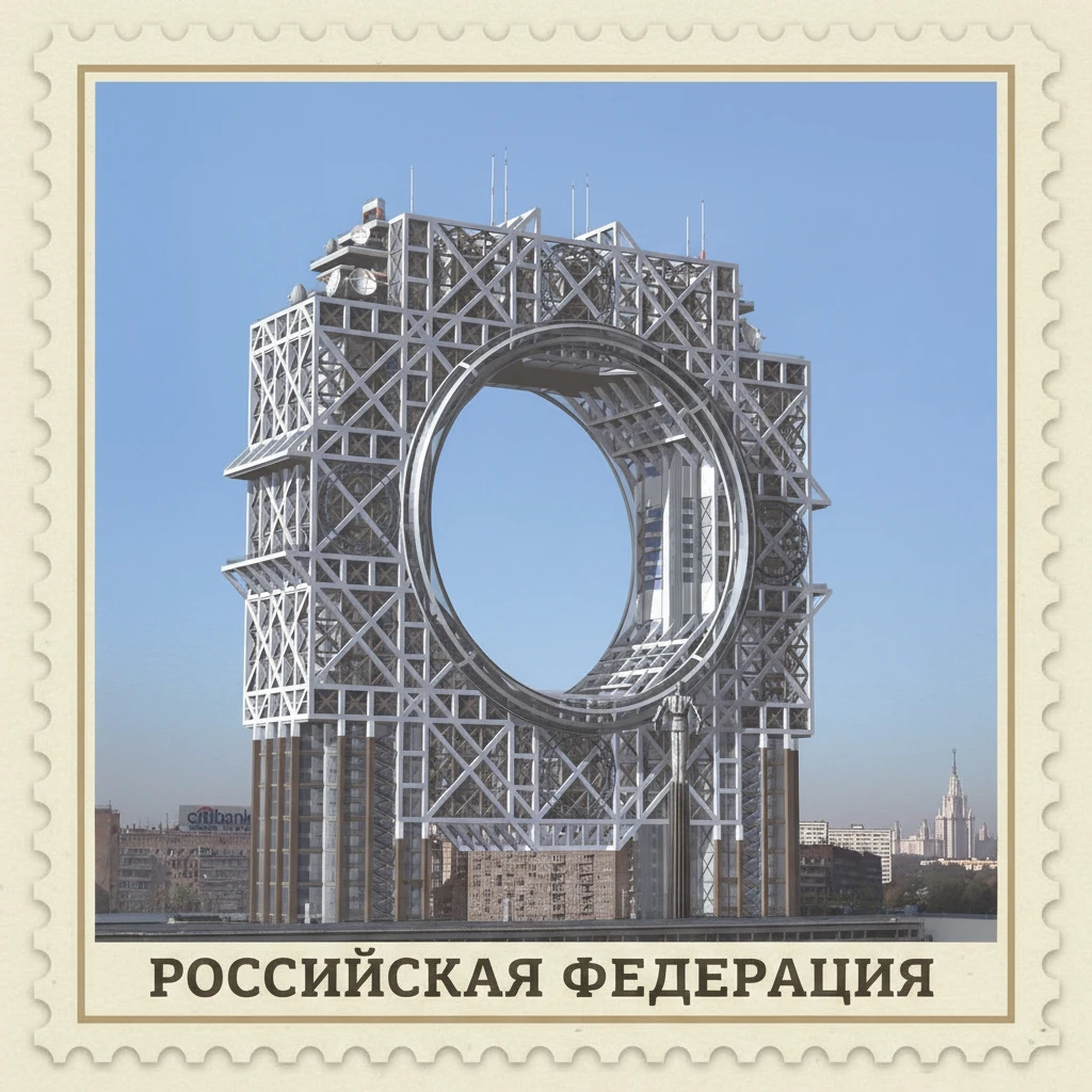 Стилизуй изображение здания под марку как на первом фото

100 из правого верхнего угла убери и герб СССР из левого верхнего угла убери emoji