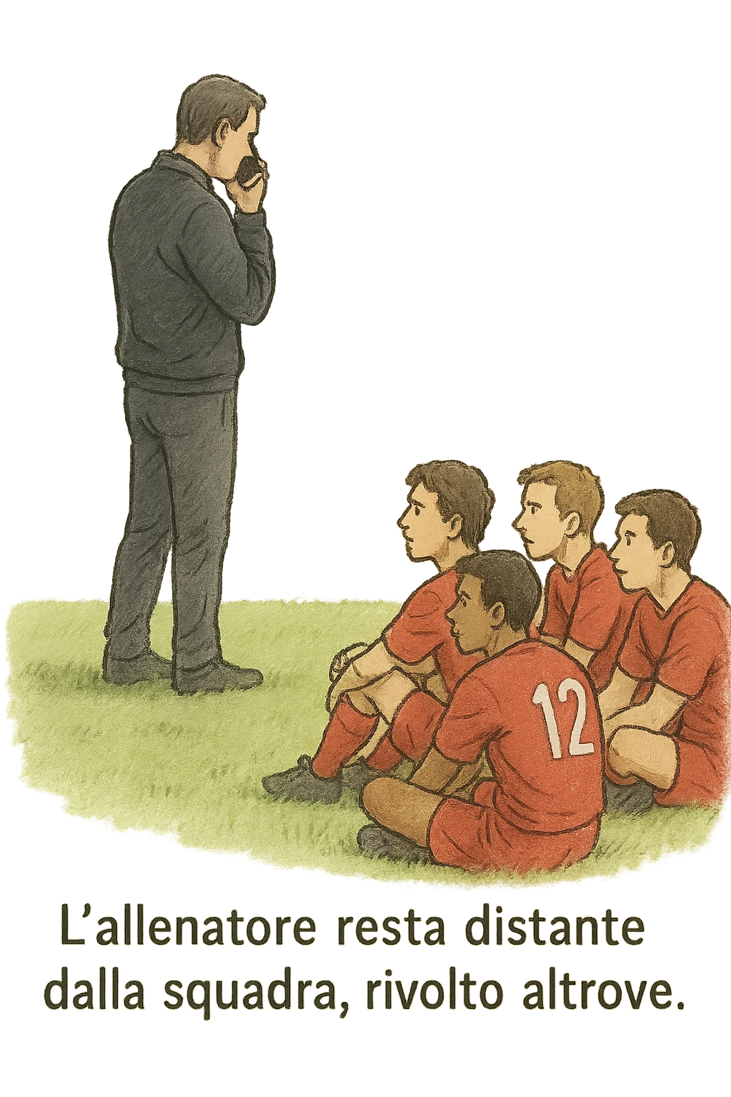 a coach is seen far away on the sidelines, partially turned away from the team or group, engaged in another activity (like reading, texting, or talking on the phone), while the athletes look toward them for support or instruction. The distance between coach and team is visually clear, symbolizing lack of presence. in italiano emoji