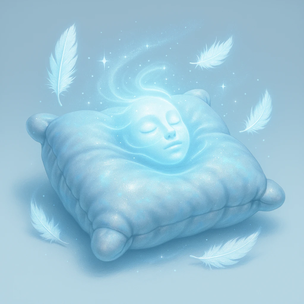 mystical pillow shimmering with icy blue and silver, surrounded by glowing feathers and a frosty aura, gentle energy waves cradling a head evoking magical pain-free starlit sleep emoji
