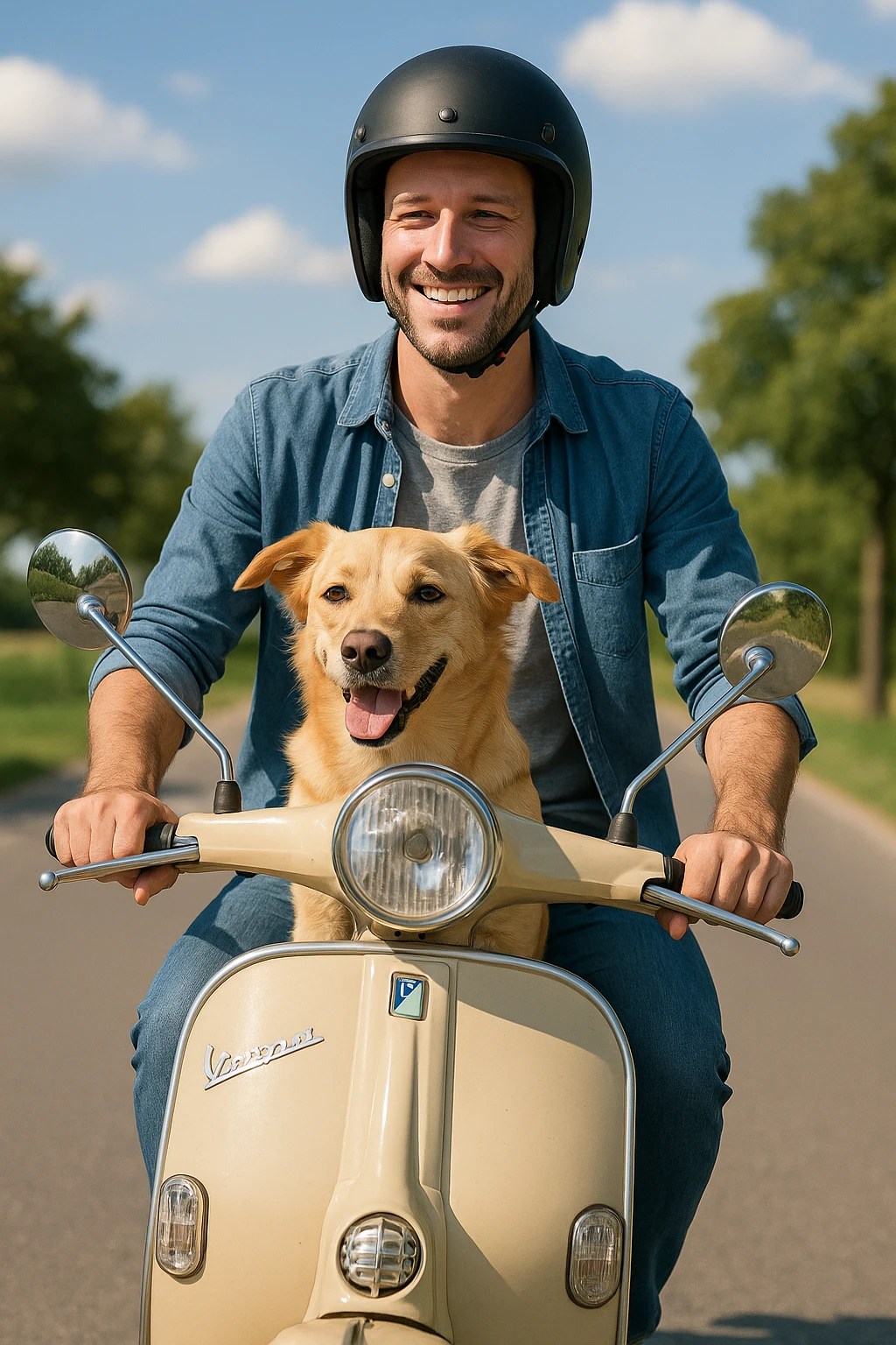 man and his pet dog riding a vespa emoji