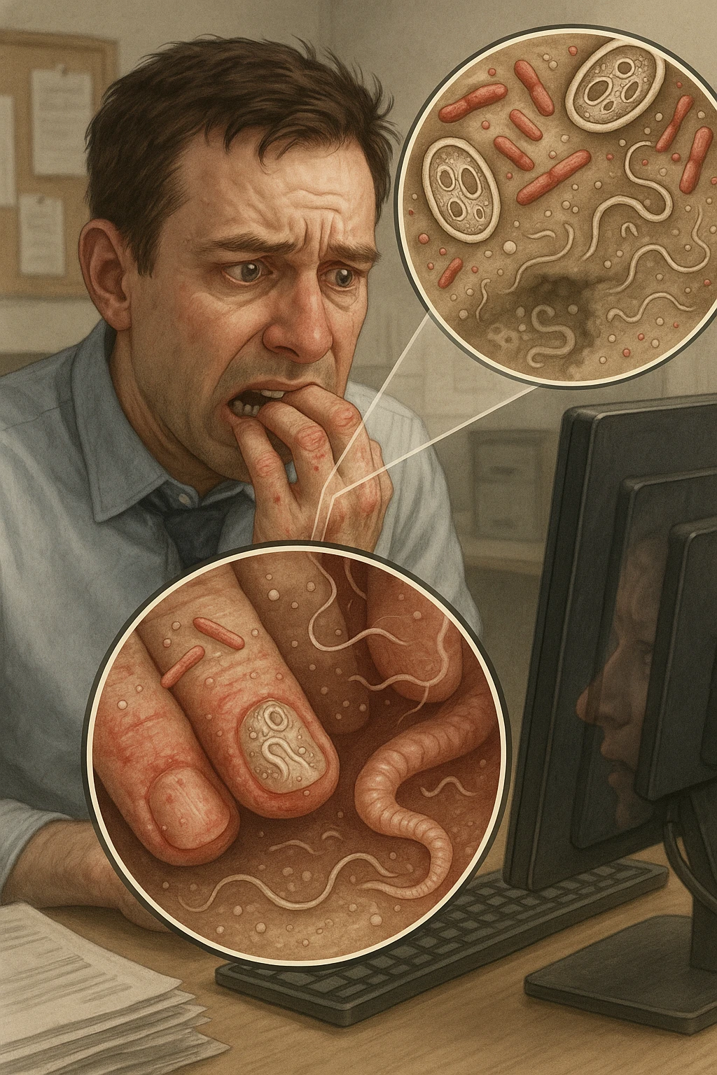 Anxious man at office desk unconsciously biting fingernails, microscopic overlay showing parasitic eggs and bacteria concentrated under nail beds, worms and microorganisms being consumed with each bite, expression of nervous habit unaware of contamination, computer screen reflecting his stress while he infects himself, fingertips raw and bleeding from chronic nail-biting, invisible parasite colonies entering his digestive system emoji