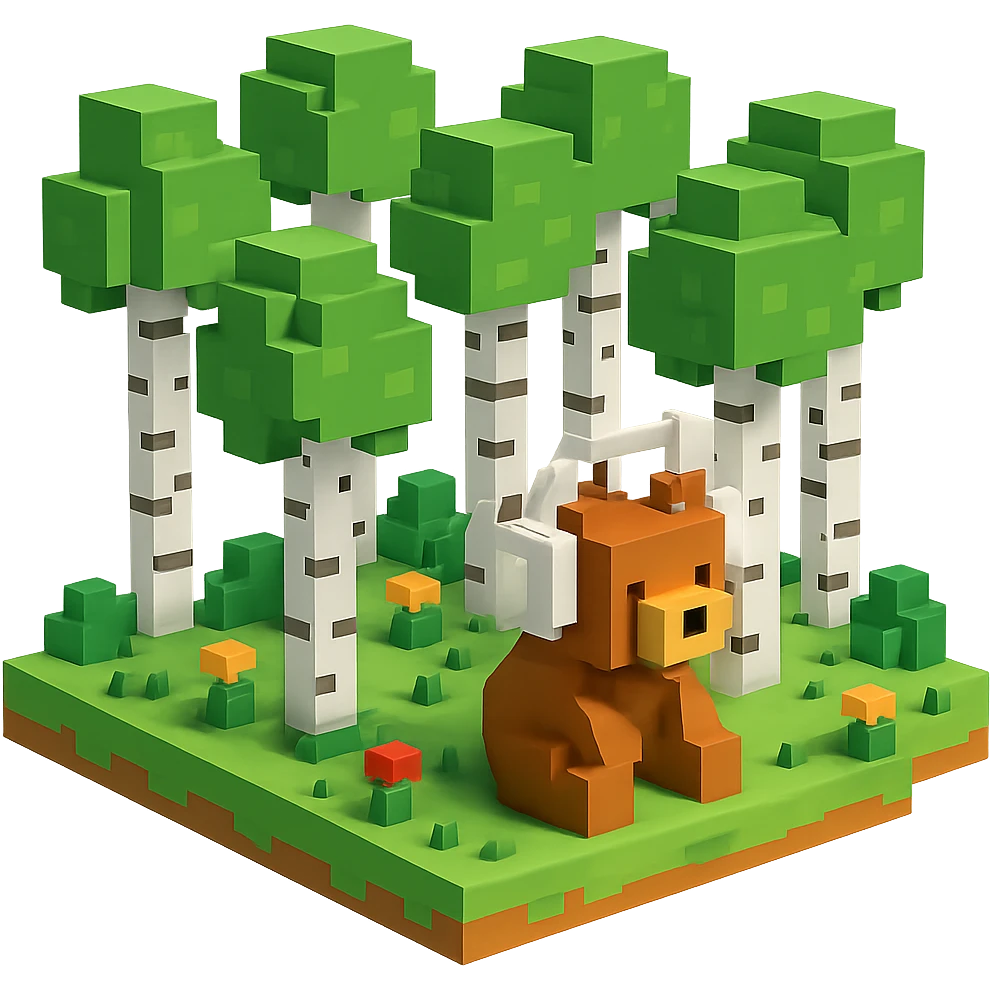 березовый лес, в котором сидит бурый медвежонок в белых наушниках (наушники должны закрывать уши медведя), no background  emoji