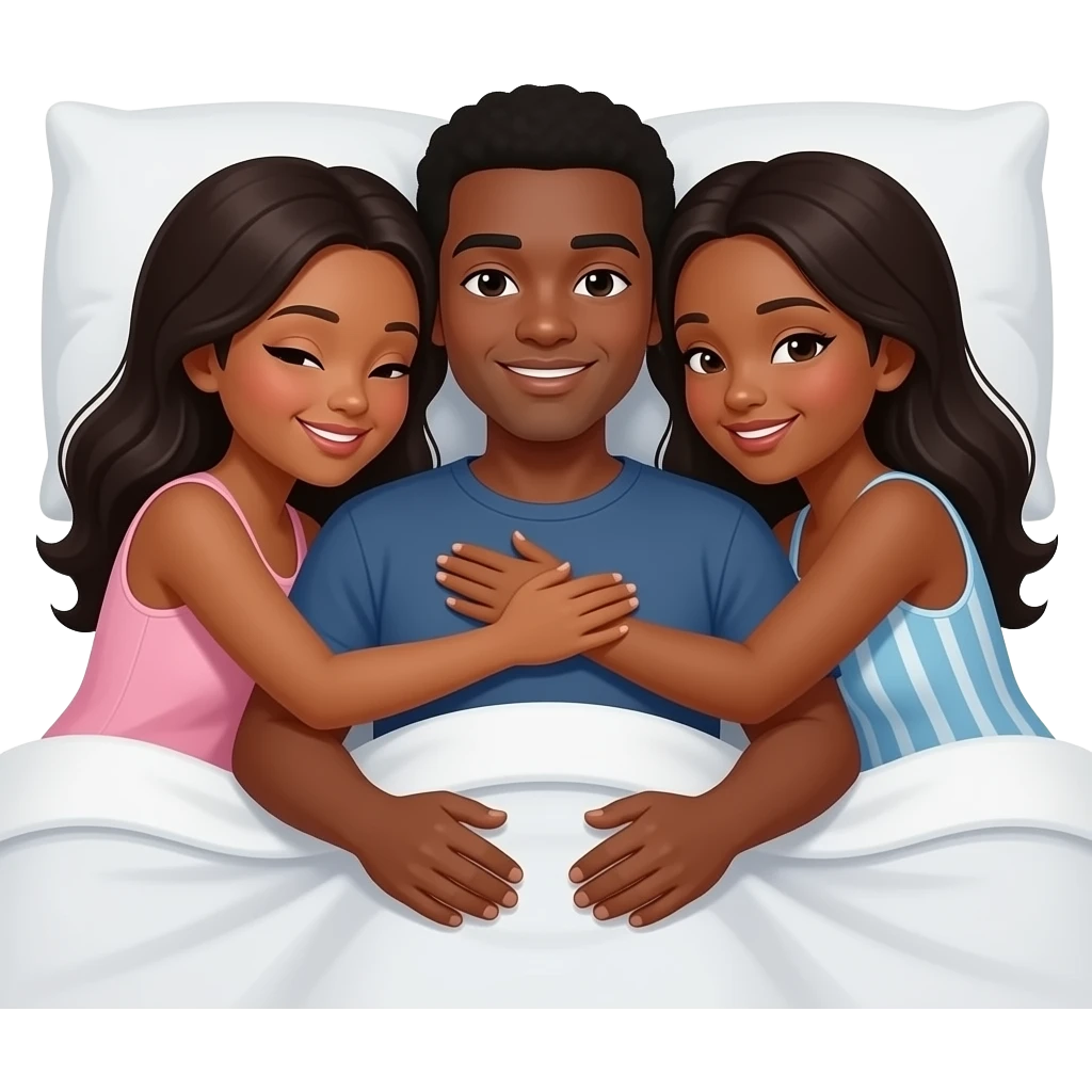 One lightskin black male in between two black females hugging him laying down in bed emoji