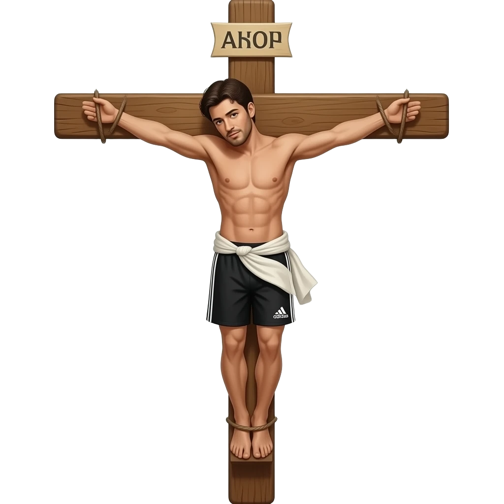 Hombre clavado en una cruz con un short negro adidas emoji