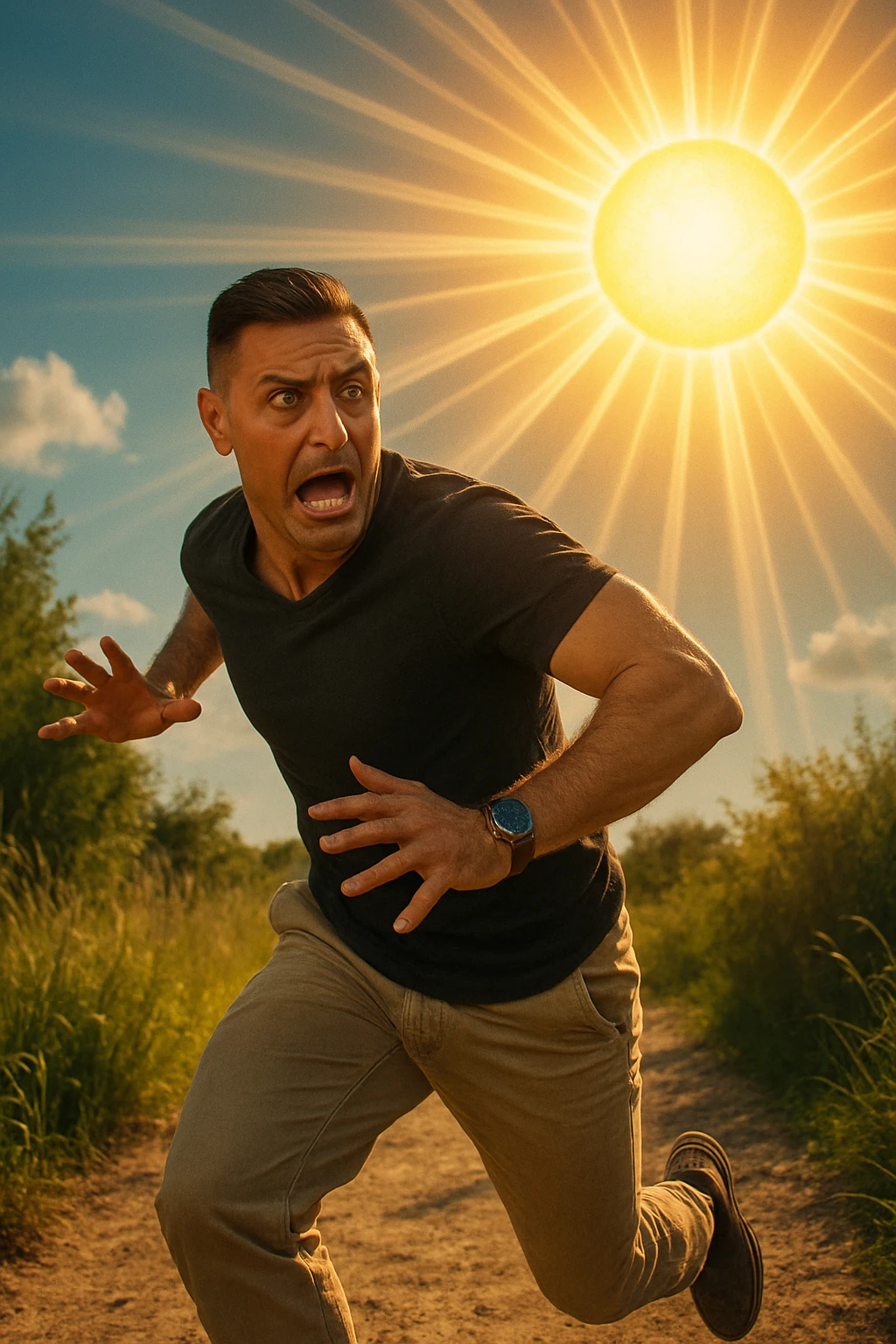 Uomo che corre via dal sole spaventato perchè pensa sia nocivo realistica emoji