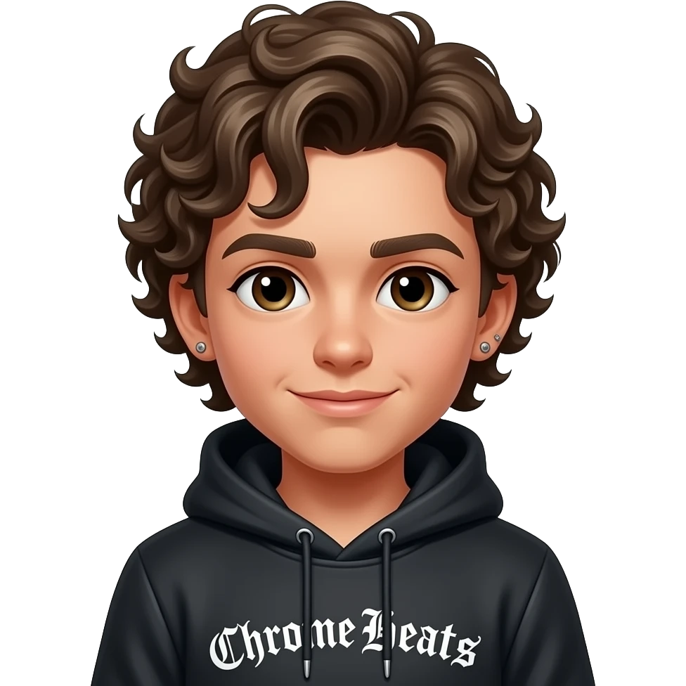 Boy with a curly longmodern mullet, a eyebrow on the right piercing ears pierced and chrome hearts hoodie emoji