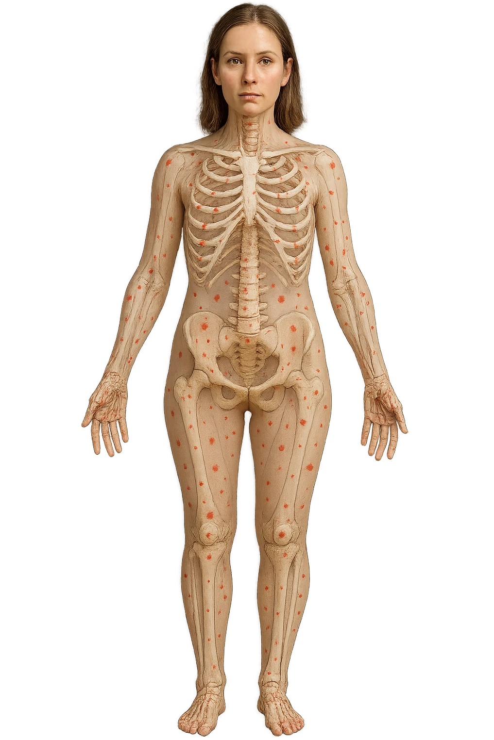 donna realistica a figura intera con red spot sparsi alle ossa, ossa del corpo visibili sul corpo, non sul volto iperrealistico 4k emoji